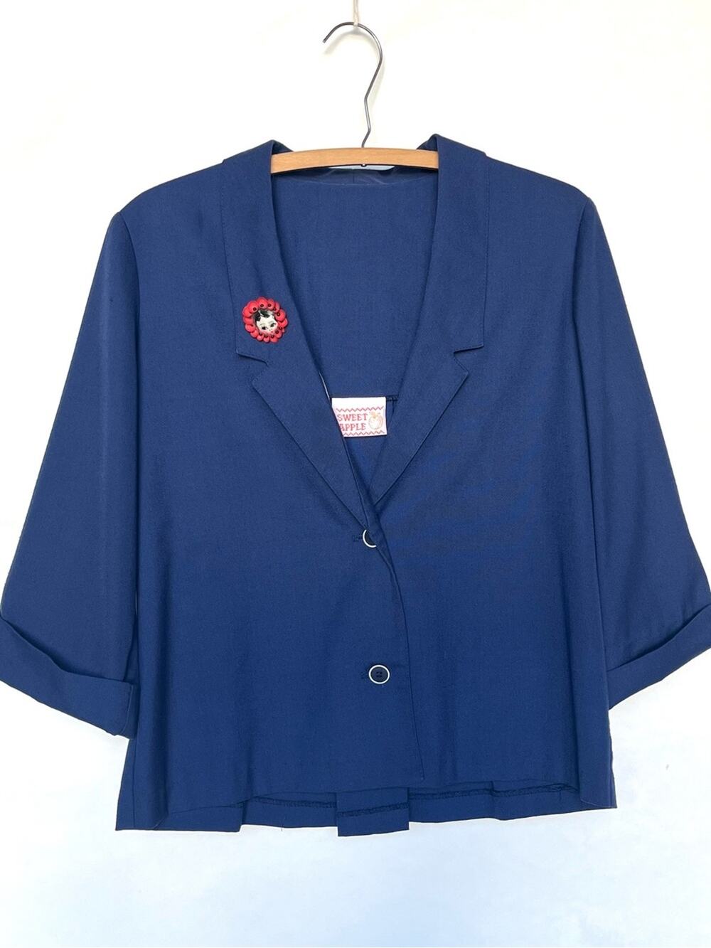 Vintage Navy Blue Short Jacket with Novelty Pin Lady Head XL Sweet Apple Blazer